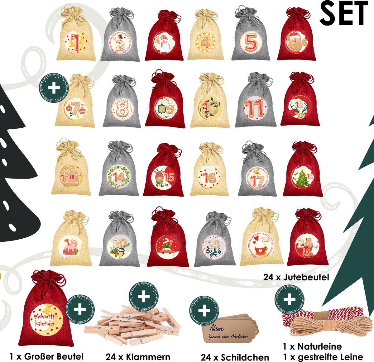 Lot De 24 Calendriers De L’Avent En Jute à Remplir Soi-même | 18x13 Cm | Grand Format Avec Ficelle Et Pinces - 4