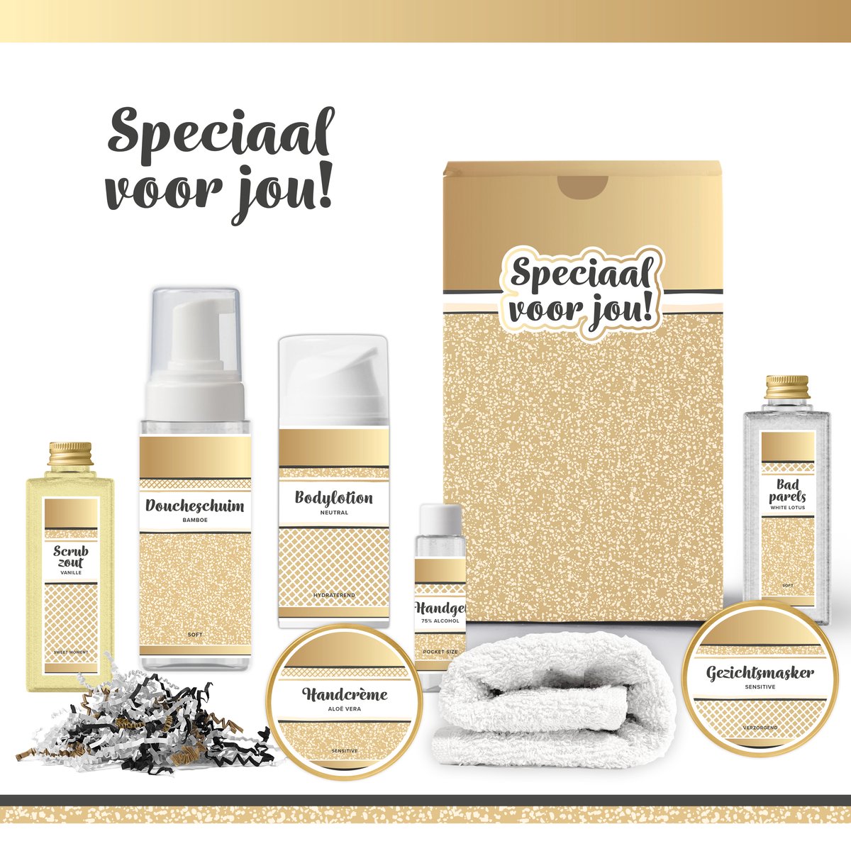 Goedkoopste Geschenkset “Speciaal voor jou!” - 8 producten - 750 gram | Luxe Cadeaubox voor haar - Wellness Pakket Vrouw - Giftset Valentijn - Beste Vriendin - Cadeaupakket Collega - Cadeau Zus - Verjaardag moeder - Moederdag - Kerstpakket - Kerst Cadeau - Goud