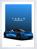 Tesla Roadster Blauw op Poster - 50 x 70cm - Auto Poster Kinderkamer / Slaapkamer / Kantoor