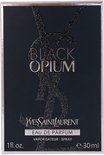 Zwarte Yves Saint Laurent 'Black Opium' verpakking met glitterende YSL logo's en tekst.