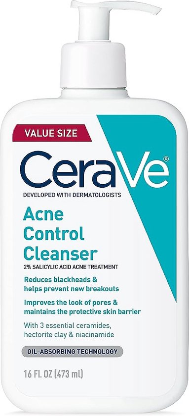 CeraVe Acne Control Cleanser met salicylzuur, 473ml. White pompflacon met blauw en witte details.