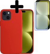 Hoesje Geschikt voor iPhone 15 Hoesje Siliconen Case Met Screenprotector - Hoes Geschikt voor iPhone 15 Hoes Siliconen - Rood