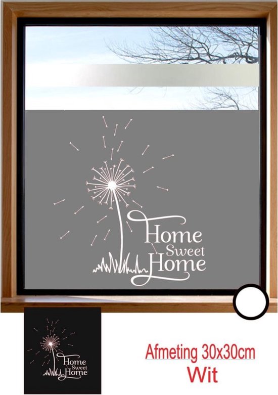 Muur - Raam sticker Home Sweet Home met Bloem - Woonkomer - Slaapkamer - Hal - Kleur wit