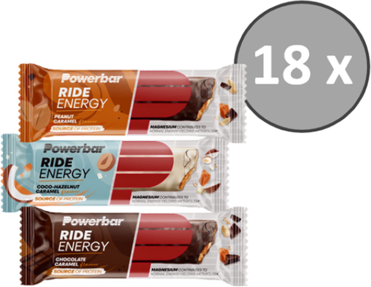 Goedkoopste Powerbar energiereep | Ride Energy Bars | 6x Peanut Caramel 6x Chocolate Caramel 6x Coco-Hazelnut Caramel - 18x55 g