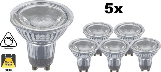 5 PACK - GU10 LED Spot 7w, 560 Lumen, 3000K Warm Wit, Glas, Dimbaar, Lichthoek: 60°
