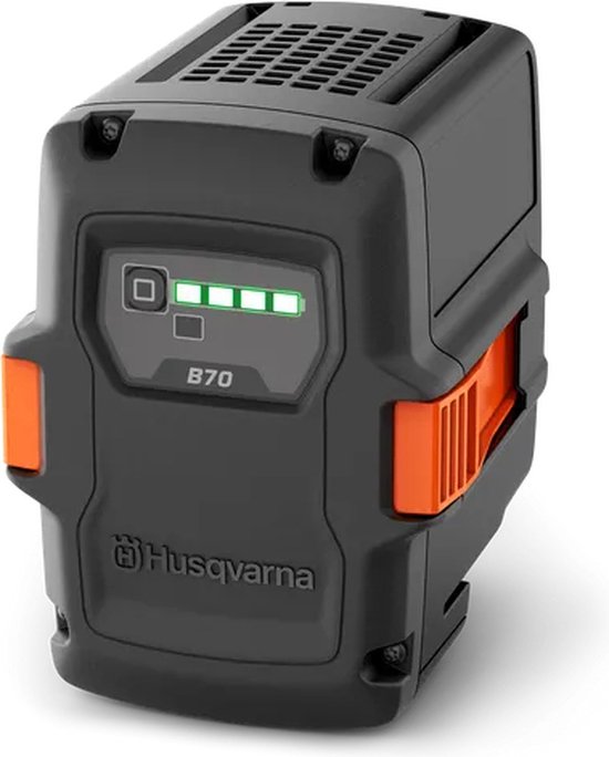Batterie Husqvarna B70, noire avec accents orange et indicateur de batterie.