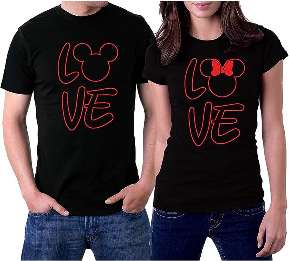 PicOnTshirt - Teetalks Series - T-Shirt Dames - T-Shirt Heren - T-Shirt Met Print - Couple T-Shirt Met Love Print - 2 Pack - Zwart - Heren L/Dames XXL