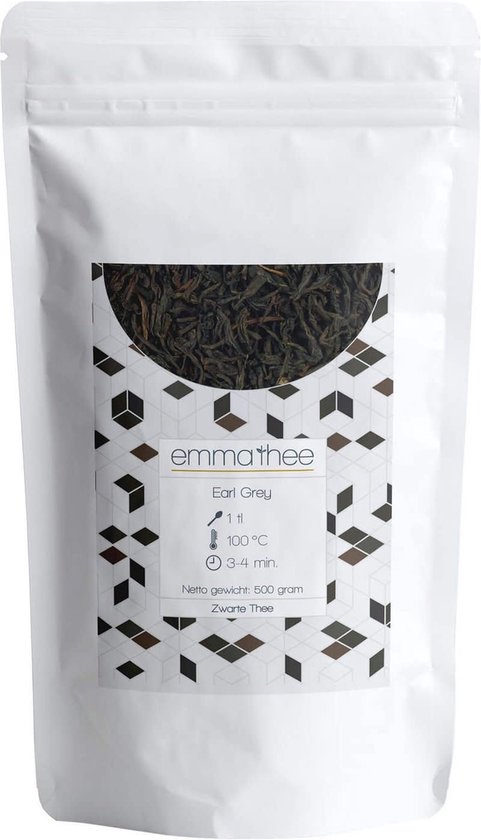 Witte zak met Emma Thee Earl Grey, met geometrisch patroon en zilveren tekst.