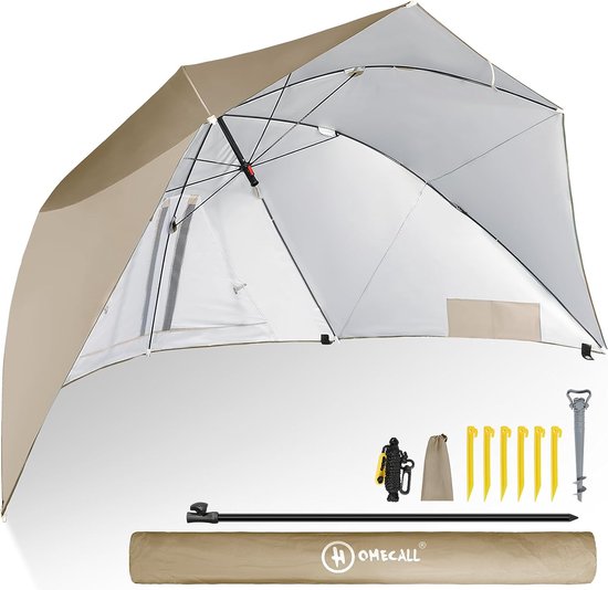 Strandparasol met venstertje en windbescherming - UV-bestendig polyester - kaki