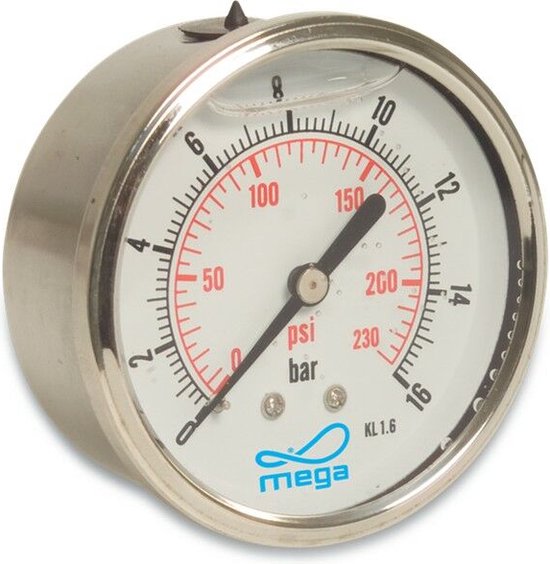 Foto: Profec manometer met achteraansluiting glycerinevulling 63 mm 1 0 bar