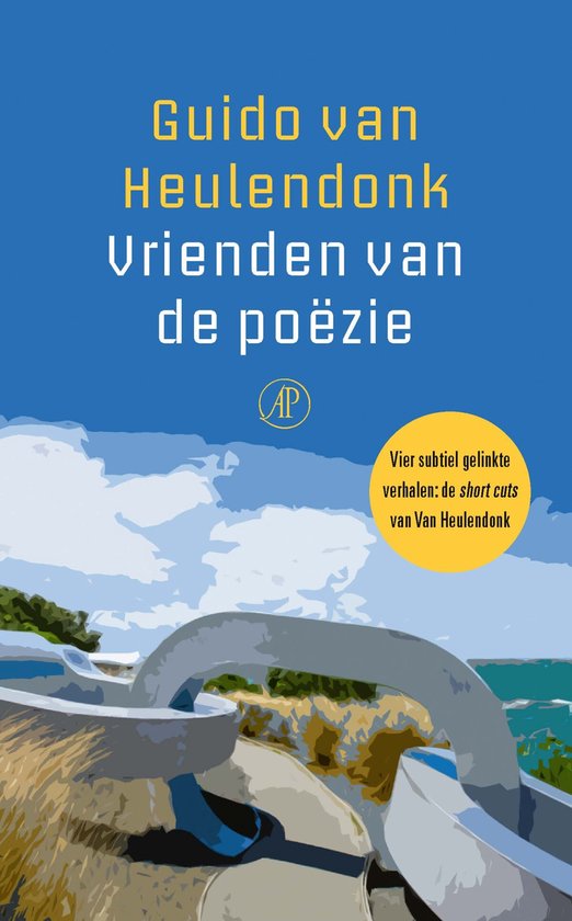 Boekcover 'Vrienden van de poëzie' door Guido van Heulendonk. Blauwe lucht, zee en een brug.