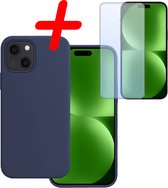Hoes Geschikt voor iPhone 15 Hoesje Siliconen Back Cover Case Met Screenprotector - Hoesje Geschikt voor iPhone 15 Hoes Cover Hoesje - Donkerblauw
