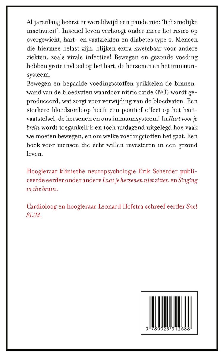 Boekcover met tekst over het belang van bewegen en voeding voor hart en hersenen. Erik Scherder en Leonard Hofstra worden genoemd.