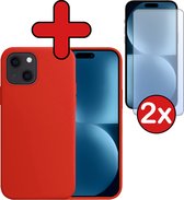 Hoesje Geschikt voor iPhone 15 Hoesje Siliconen Case Hoes Met 2x Screenprotector - Hoes Geschikt voor iPhone 15 Hoes Cover Case - Rood