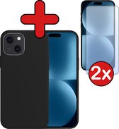 Hoesje Geschikt voor iPhone 15 Hoesje Siliconen Case Hoes Met 2x Screenprotector - Hoes Geschikt voor iPhone 15 Hoes Cover Case - Zwart