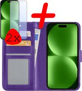 Hoes Geschikt voor iPhone 15 Pro Hoesje Bookcase Hoes Flip Case Book Cover Met 2x Screenprotector - Hoesje Geschikt voor iPhone 15 Pro Hoes Book Case Hoesje - Paars