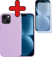 Hoesje Geschikt voor iPhone 15 Hoesje Siliconen Case Hoes Met Screenprotector - Hoes Geschikt voor iPhone 15 Hoes Cover Case - Lila