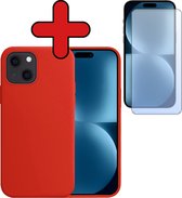 Hoesje Geschikt voor iPhone 15 Hoesje Siliconen Case Hoes Met Screenprotector - Hoes Geschikt voor iPhone 15 Hoes Cover Case - Rood