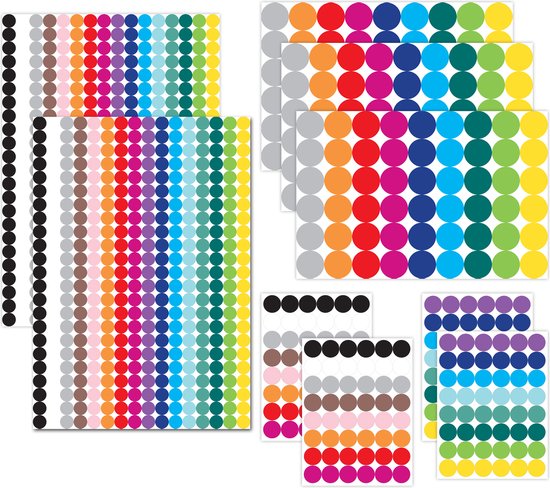 3 Maten Stippen Stickers 16 kleuren 10 mm 14 mm 19 mm Stickervellen Stippen 1090 Stippenstickers Ronde Etiketten Gekleurd Planner