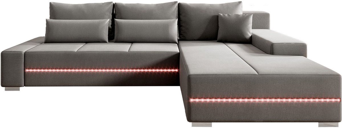 Gestoffeerde Hoekbank Davos - 260 x 72 x 180 cm - Lichtgrijs - Incl. LED & Opbergruimte