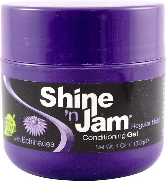 Paarse pot met 'Shine 'n Jam' Regular Hold Conditioning Gel. Bevat Echinacea.