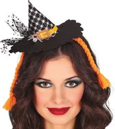 Halloween heksenhoed - mini hoedje op diadeem met sluier - one size - zwart/oranje - meisjes/dames