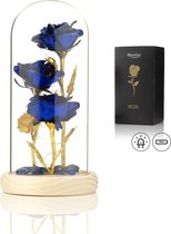 Rose de Luxe en Glas avec LED - Rose dorée sous cloche en Verres - Fête des mères - Connue de La Beauty et la Bête - Cadeau pour la mère de son amie - Blauw 3x avec feuilles - Base lumineuse - Qwality