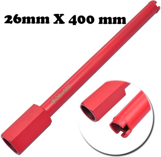 Rode diamantboor van 26x400 mm, met tekst '26mm X 400 mm' en zeskantige aansluiting.