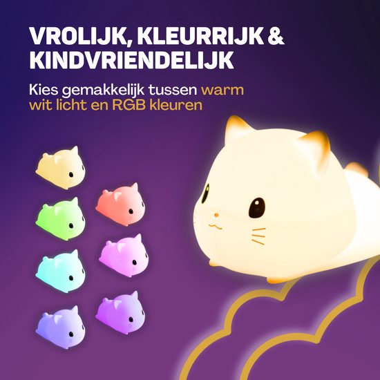 Vulpes Goods® Nachtlampje Kinderen - LED Licht & 8 Kleuren - Nachtlampje Babykamer - Poes - USB-Oplaadbaar - Dimmer - Timer - Draadloos - Kindvriendelijk van Vulpes Goods® — afbeelding 3