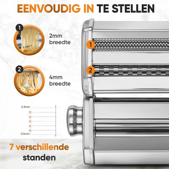 Pastamachine met 7 standen voor 2mm en 4mm brede pasta.