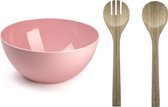 Salade serveer schaal - roze - kunststof - Dia 28 cm - incl. bamboe Sla couvert/bestek