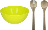 Salade serveer schaal - groen - kunststof - Dia 28 cm - incl. bamboe Sla couvert/bestek