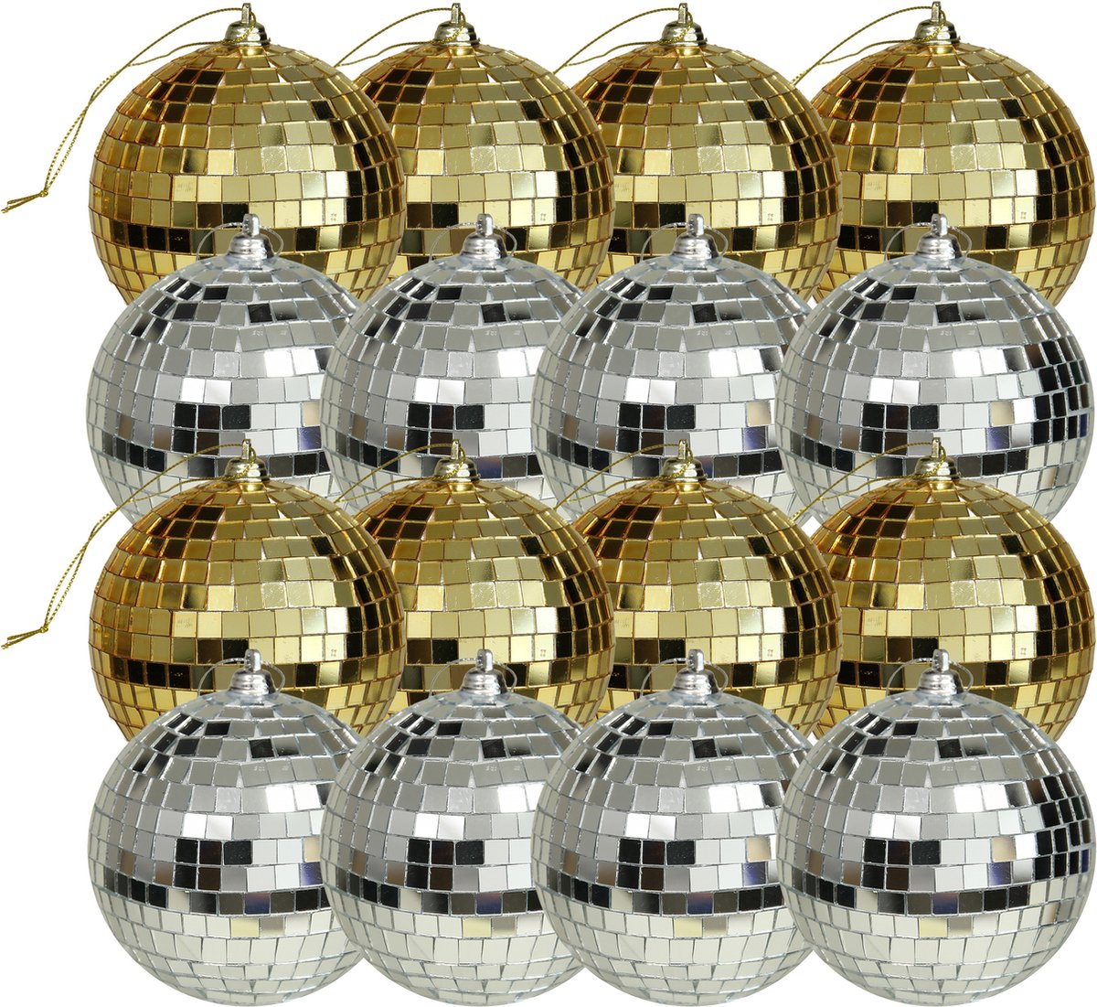 Kerstballen disco 16x st goud en zilver 6 cm kunststof spiegel kerstballen bol.