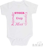100% katoenen Romper "Stoer Eigenwijs Mooi Bijzonder Knap" Meisjes Katoen Wit/roze Maat 56/62