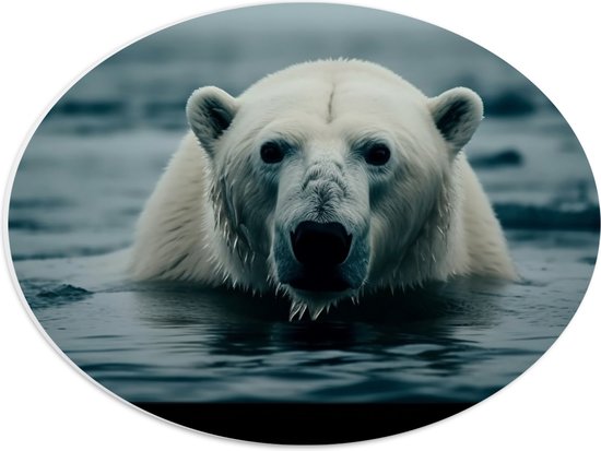 PVC Schuimplaat Ovaal - Witte IJsbeer Zwemmend in het Water - 40x30 cm Foto op Ovaal (Met Ophangsysteem)