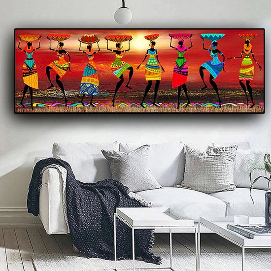 Allernieuwste peinture sur toile .nl® * 8 femmes dansantes africaines * - L'art sur votre mur - Groot taille XL - Couleur - 50 x 150 cm