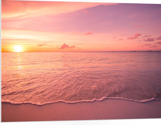 PVC Schuimplaat - Zon Zakkend in de Zee onder Rozekleurige Lucht - 100x75 cm Foto op PVC Schuimplaat (Met Ophangsysteem)