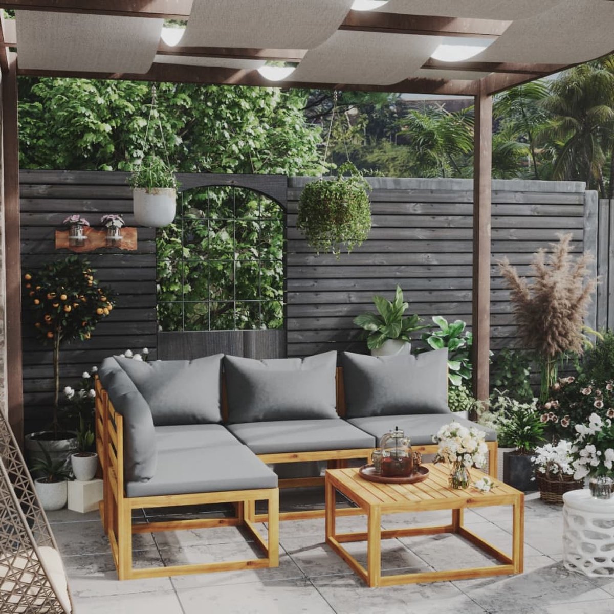 The Living Store 5-delige Loungeset met kussens massief acaciahout - Loungeset Acacia - Tuinset - Lounge Bank - Buitendecor - Tuin Meubels