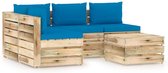 The Living Store Pallet Loungeset - Grenenhout - 69 x 70 x 66 cm - Lichtblauw kussen