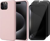 Hoesje geschikt voor iPhone 15 Pro - 2x Privacy Screen Protector FullGuard - Back Cover Case SoftTouch Roze & Screenprotector