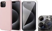 Hoesje geschikt voor iPhone 15 Pro - Screenprotector GlassGuard & Camera Lens Screen Protector - Back Cover Case SoftTouch Roze