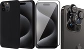 Hoesje geschikt voor iPhone 15 Pro - Screenprotector FullGuard & Camera Lens Screen Protector Zwart - Back Cover Case SoftTouch Zwart