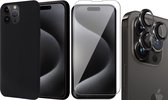 Hoesje geschikt voor iPhone 15 Pro - Screenprotector GlassGuard & Camera Lens Screen Protector Zwart - Back Cover Case SoftTouch Zwart