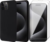 Hoesje geschikt voor iPhone 15 Pro - 2x Screen Protector GlassGuard - Back Cover Case SoftTouch Zwart & Screenprotector