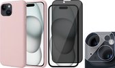 Hoesje geschikt voor iPhone 15 Plus - Privacy Screenprotector FullGuard & Camera Lens Screen Protector - Back Cover Case SoftTouch Roze