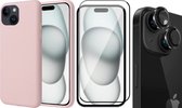 Hoesje geschikt voor iPhone 15 - Screenprotector FullGuard & Camera Lens Screen Protector Zwart - Back Cover Case SoftTouch Roze