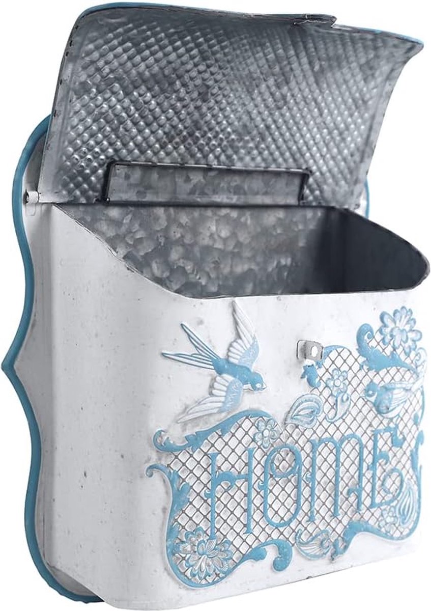 Vintage shabby brievenbus antieke stijl nostalgische charme woondecoratie metalen brievenbus retro stijl met vogelpatroon afscheidsbericht blauw