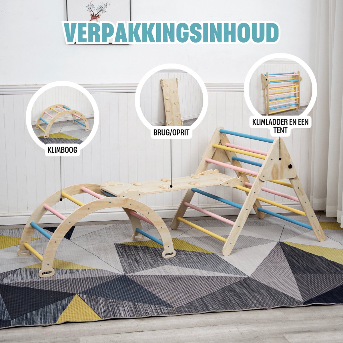 Buxibo XXL Klimrek - Opvouwbare Driehoek + Klimboog + Helling met Glijbaan - Montessori Meubels Houten Speelgym - Pastel - 210x83x81cm — afbeelding 10
