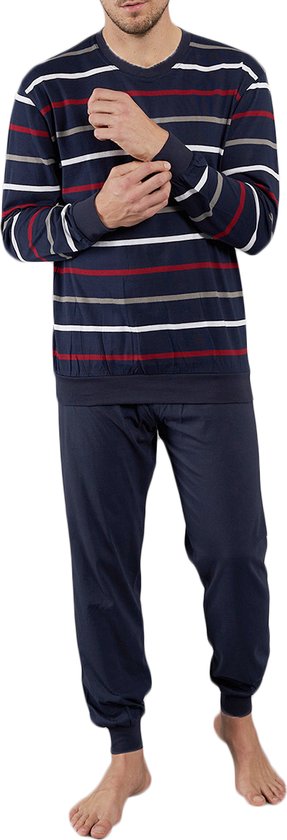 Gotzburg heren pyjama O-hals - donkerblauw gestreept - Maat: XL