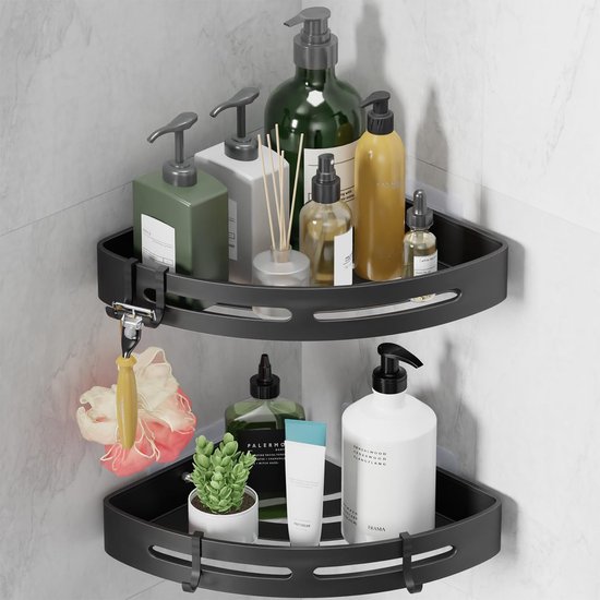 Foto: 2 stuks badkamerrek doucherek badkamer accessoires doucherek zonder boren shower shelf badkamer rek shower rack opbergen en organiseren 4 haken badkamer keuken shower caddy aluminium zwart